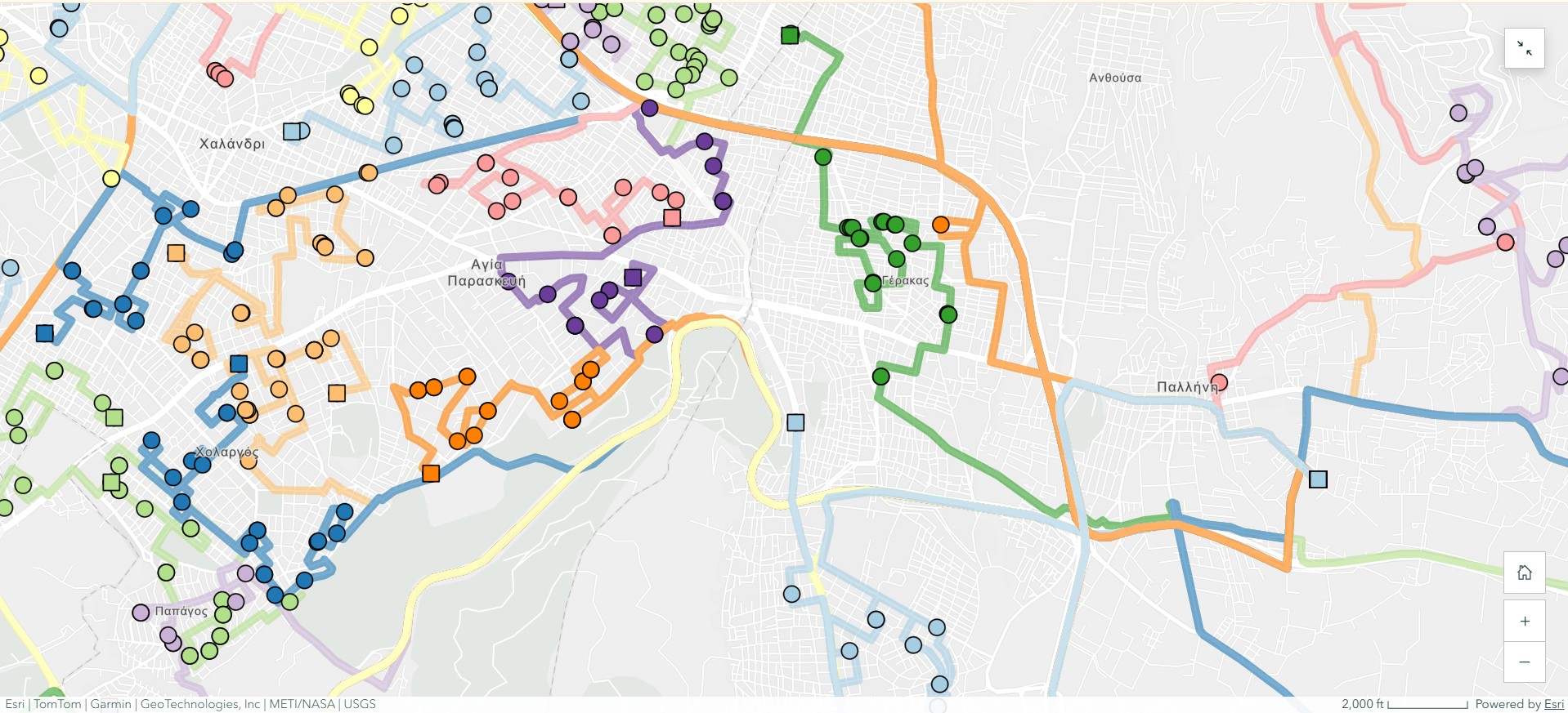 ArcGIS map of optimised school bus routes achieving 33% fleet reduction and 20% lower CO₂ emissions