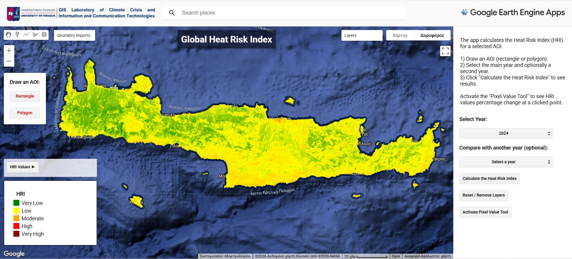 Google Earth Engine application interface for the automated Heat Risk Index calculator covering the Northern Hemisphere